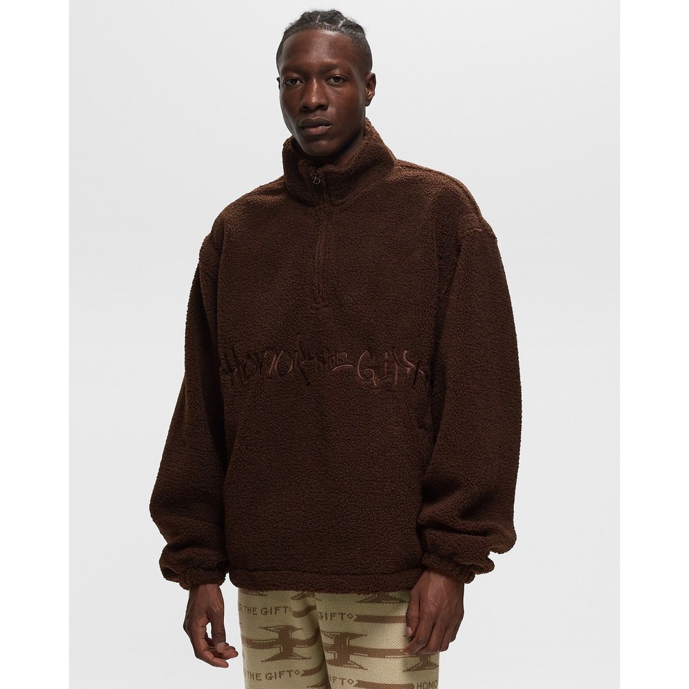 Honor The Gift Script Sherpa‎ Pullover Brown HTG230361 Size L (Oversized Fit)